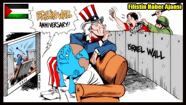 Karikatur- Dunya, Berlin Duvari ve Israil Isgal Duvari Celiskisi