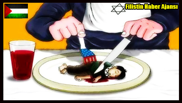 Karikatur- Siyonist Rejim Filistinli Cocuklarin Kaniyla Besleniyor